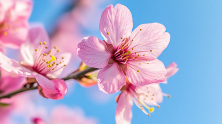 A stunning close-up of a cherry blossom flower in vibrant pink hues set against a clear blue sky, capturing the essence of springtime beauty and nature's elegance.の素材