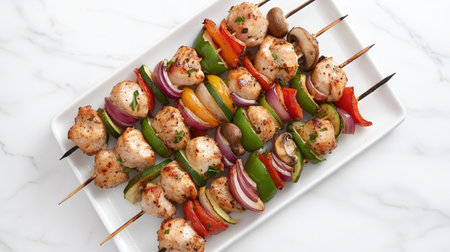 Enjoy a vibrant display of grilled chicken and assorted vegetables on skewers, perfect for summer gatherings or healthy meal prep options.の素材