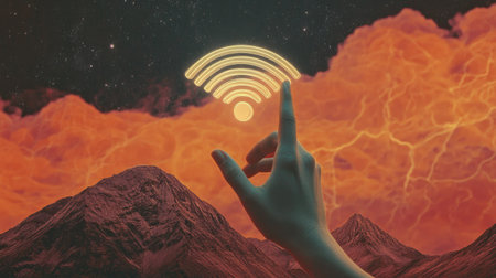 A surreal depiction of a hand reaching toward a glowing Wi-Fi icon, set against a dramatic landscape with mountains and vibrant clouds, symbolizing connectivity and innovation.の素材
