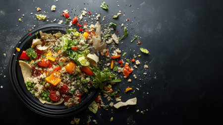 A vibrant scene featuring a colorful quinoa salad with fresh vegetables and tortilla crumbles scattered across a dark background, showcasing a messy yet inviting display of healthy food.の素材