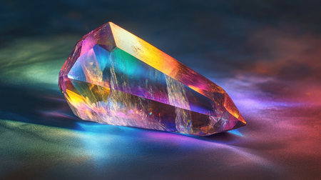 A stunning colorful crystal prism reflects vibrant light against a dark background, showcasing intricate textures and a striking design. Perfect for creative projects.の素材