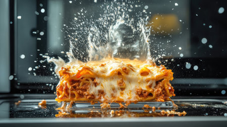 A mouthwatering lasagna erupts from the microwave, showcasing melting cheese and flavorful sauce. The splash creates an engaging scene that highlights comfort food.の素材