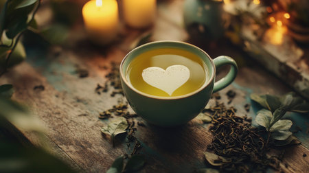 A heart-shaped foam rests on a cup of herbal tea amidst a cozy rustic setting. Soft candlelight and natural elements create a warm, inviting atmosphere.の素材