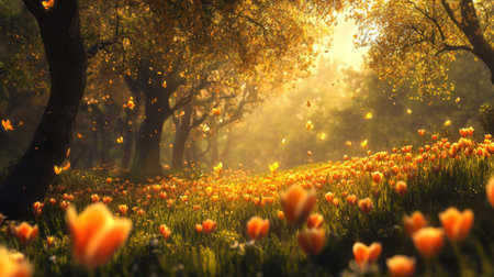 A serene meadow filled with vibrant orange flowers and fluttering butterflies. Sunlight streams through trees, creating a warm and tranquil atmosphere perfect for nature lovers.の素材