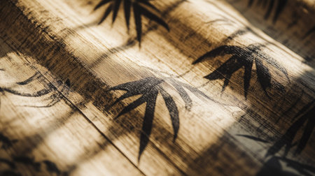 Close-up of a bamboo leaf pattern on a textured surface with soft sunlight filtering through. This serene image evokes a calm and organic ambiance.の素材