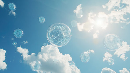 Ethereal floating spheres in a blue sky symbolize digital connections and innovation. These transparent objects interact with clouds, evoking a sense of future possibilities.の素材