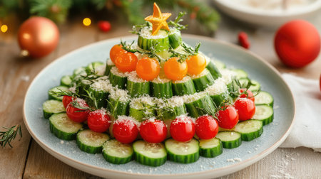 A delightful vegetable Christmas tree featuring cucumbers, cherry tomatoes, and vibrant garnishes, perfect for holiday celebrations and festive gatherings.の素材