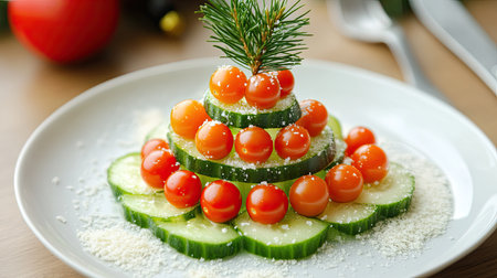 Delightful vegetable arrangement featuring cucumber and cherry tomatoes shaped like a Christmas tree. Perfect for festive gatherings and healthy eating.の素材