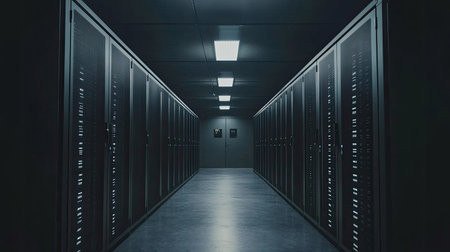 A narrow corridor in a modern data center, showcasing rows of server racks illuminated by artificial light, creating a high-tech atmosphere for digital storage.の素材