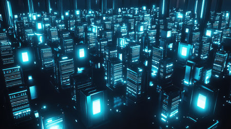 Explore a vibrant digital cityscape filled with glowing neon lights and modern technology elements, creating a futuristic atmosphere of connectivity and innovation.の素材