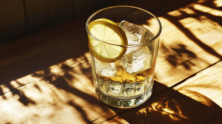 A refreshing beverage featuring ice cubes and a lemon slice garnished in a clear glass, casting beautiful shadows on a wooden table in soft sunlight.の素材