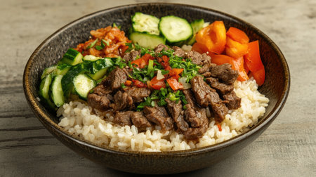 This enticing beef rice bowl features tender beef on a bed of fluffy rice, topped with fresh vegetables, vibrant herbs, and a colorful garnish. Perfect for any meal!の素材