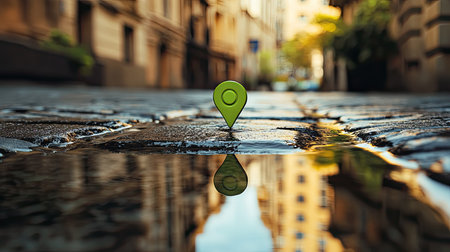 A vibrant green location pin stands out on a wet cobblestone street, creating a perfect reflection in the puddle. This image captures a modern explorer essence in an urban setting.の素材