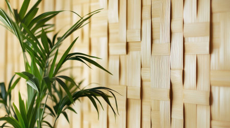 A peaceful indoor scene showcasing a textured bamboo wall accentuated by a lush green plant. Ideal for nature-inspired design themes and serene atmospheres.の素材