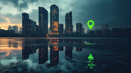 A captivating urban skyline at dusk reflects off water, enhanced by a bright green location marker. This striking image embodies modern city life and navigation.の素材