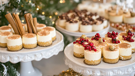A beautifully arranged display of mini cheesecakes topped with red berries and cinnamon sticks. Perfect for festive celebrations and gatherings.の素材