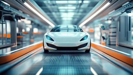 A futuristic electric car featured in a high-tech manufacturing facility, showcasing advanced technology and sleek design in a modern industrial environment.の素材