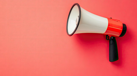 A bright red megaphone rests against an orange background, symbolizing communication and announcement. Perfect for marketing and promotional materials.の素材