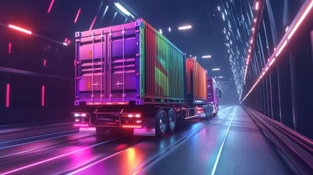 A striking scene of a truck with colorful containers driving through a neon-lit tunnel, capturing the essence of modern transportation and vibrant technology in the urban landscape.の素材