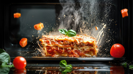 A mouthwatering lasagna prepared in a microwave, featuring steam and vibrant ingredients. Capture the essence of comfort food and Italian cuisine.の素材