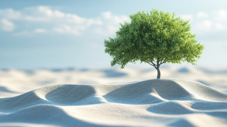 A serene isolated tree stands in soft sand dunes under a clear blue sky. This image captures the essence of tranquility and the beauty of nature.の素材