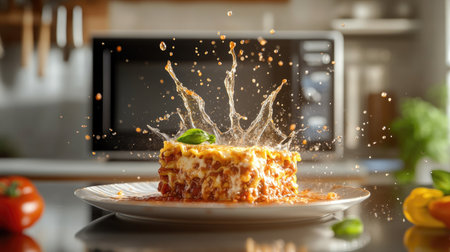 A stunning close-up of a delicious lasagna capturing a sauce splash in a modern kitchen. Perfect for showcasing Italian culinary creations.の素材
