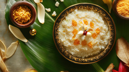 A beautiful arrangement of traditional sweet rice dish garnished with flowers and vibrant ingredients, celebrating cultural heritage and festive flavors.の素材