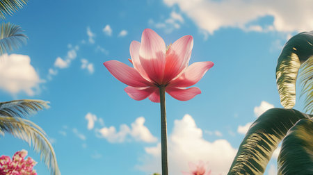 A stunning pink lotus flower stands tall against a vivid blue sky with fluffy clouds, embodying tranquility and beauty in a natural setting.の素材