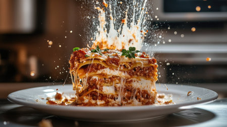 A mouthwatering lasagna showcasing layers of cheese and sauce, with ingredients bursting from the dish. Perfect for culinary enthusiasts and Italian cuisine lovers.の素材