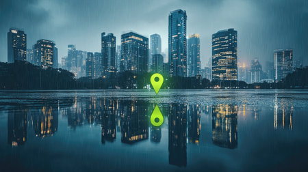 A vibrant neon map pointer stands out in a rainy cityscape, reflecting in still waters. The atmospheric scene captures a serene moment amidst modern architecture.の素材