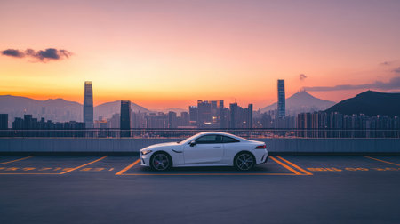 A stunning white sports car parked against a vibrant city skyline during sunset. The scene captures modern elegance and urban beauty in a tranquil setting.の素材