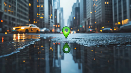 This urban scene features a vibrant map pin on a wet street with city skyscrapers in the background. The reflection in the water adds depth to the landscape.の素材