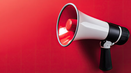 A bright megaphone stands prominently against a vivid red background, symbolizing communication and loud announcements. Perfect for marketing and event promotions.の素材