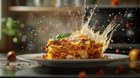 A mouth-watering lasagna served on a plate, enhanced by a dynamic splash of sauce and a fresh basil leaf, perfect for food lovers.の素材