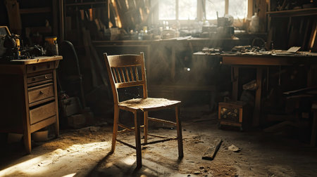 A wooden chair illuminates in a dusty workshop, capturing a serene moment of craftsmanship, warmth, and nostalgia; perfect for design inspiration.の素材