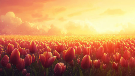 An enchanting scene of a vibrant tulip field stretching to the horizon under a warm sunset. The colorful blooms radiate beauty, creating a tranquil atmosphere.の素材