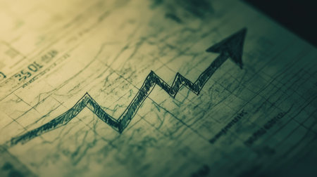 A hand-drawn graph illustrating a positive financial growth trend against a vintage paper background, symbolizing business success and investment strategies.の素材