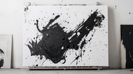 This striking abstract artwork features bold black paint splashes on a white canvas, creating a dramatic visual effect perfect for modern interiors.の素材