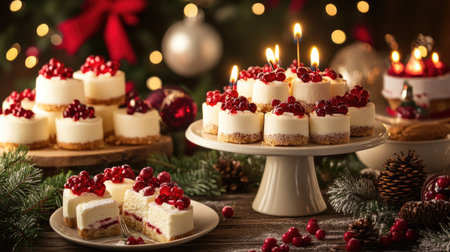 Delight in a picturesque display of festive holiday cakes adorned with fresh cranberries and flickering candles. Perfect for seasonal celebrations.の素材