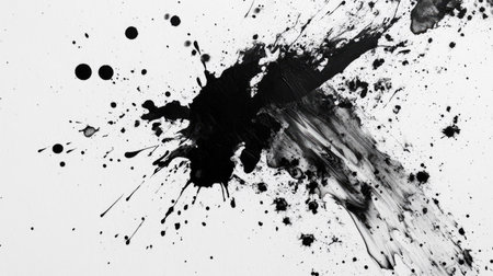 Dynamic black ink splash creates a striking contrast against a white background. Ideal for artistic, modern, or creative projects needing bold visual impact.の素材