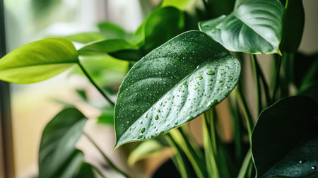 A stunning close-up of a Monstera leaf showcasing water droplets, highlighting the beauty of nature and lush greenery in a serene indoor setting.の素材