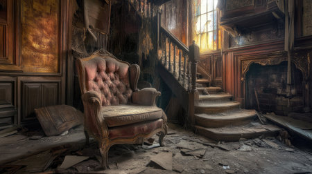 A stunning view of an abandoned elegant armchair in a dusty Victorian interior. Sunlight filters through the window, casting shadows on the worn staircase and showcasing the beauty of decay.の素材