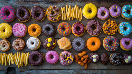 A vibrant and colorful display of assorted donuts alongside crispy fries on a rustic wooden table, perfect for food enthusiasts and dessert lovers.の素材