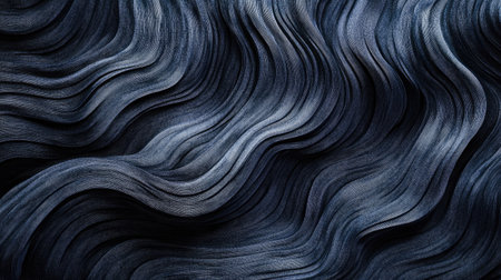 This abstract image features a mesmerizing wavy texture in deep blue and black hues, perfect for backgrounds, design projects, and artistic themes.の素材