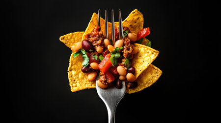 A vibrant snack mix of chips and beans artfully stacked on a fork, set against a sleek black background. Perfect for food lovers and culinary presentations.の素材