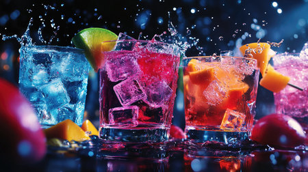 This vibrant image captures colorful cocktails with splashes of water, showcasing drinks garnished with fresh fruit. Perfect for summer themes or drink enthusiasts.の素材
