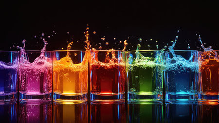 Vibrant glasses filled with colorful drinks create a lively splash against a dark backdrop. Perfect for showcasing joy, celebration, and refreshment in visuals.の素材