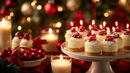 A delightful arrangement of mini cheesecakes topped with red berries, surrounded by candles and festive decorations, perfect for holiday celebrations and joyful gatherings.の素材