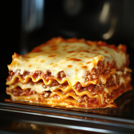 A mouth-watering slice of homemade lasagna featuring layers of pasta, rich meat sauce, and melted cheese. Perfect for family dinner or gatherings.の素材
