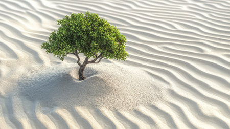 A solitary tree grows amidst gentle sand dunes, showcasing the beauty of nature's resilience in a tranquil desert environment. Perfect for themes of solitude and survival.の素材